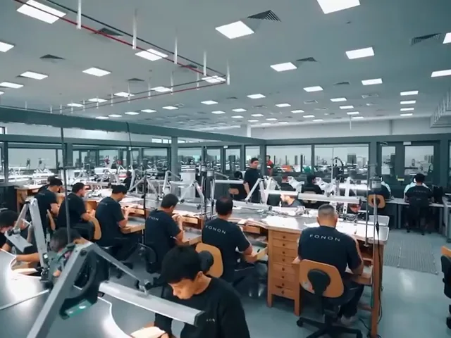 Electronics assembly workstations with operators working under articulated bench lamps.